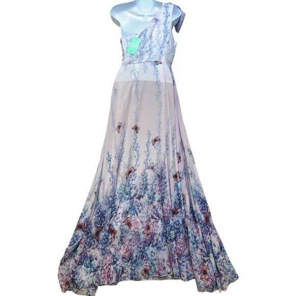 Toleen One-Shoulder Maxi Dress Floral & Butterfly Print Medium Light Pink Purple - Picture 6 of 12